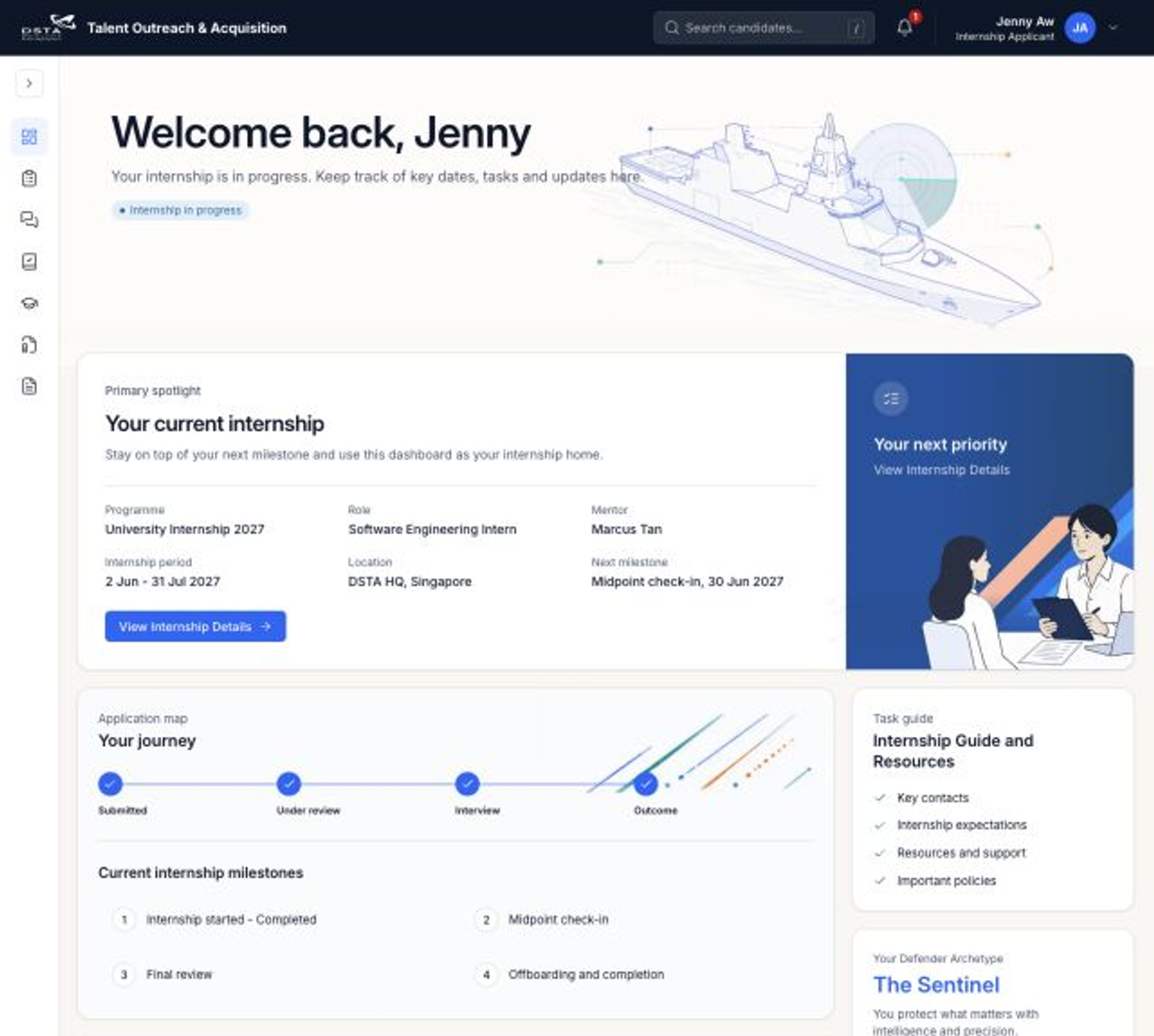Dashboard showing an active internship