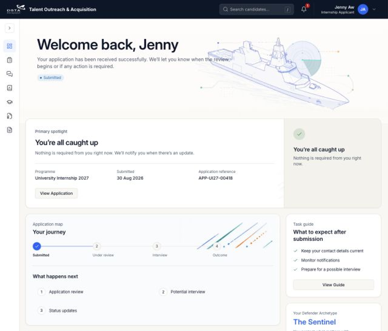 Applicant dashboard showing a submitted application