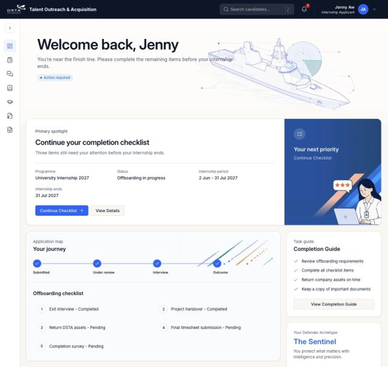 Dashboard showing internship completion action required