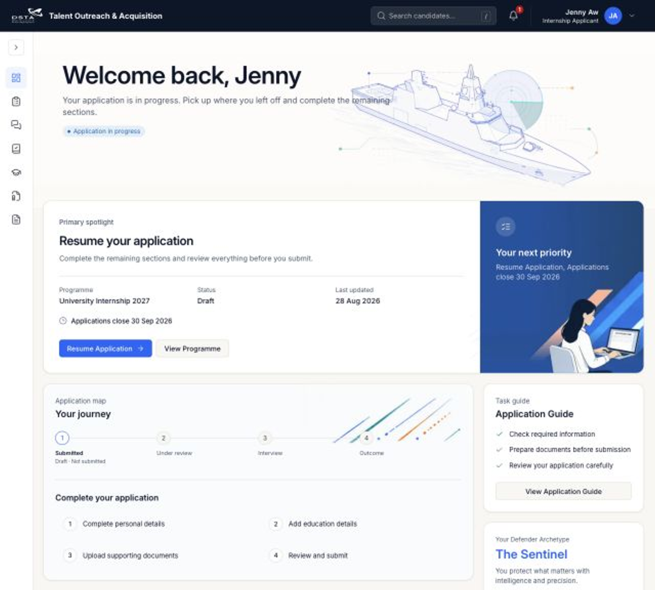 Applicant dashboard showing a draft application