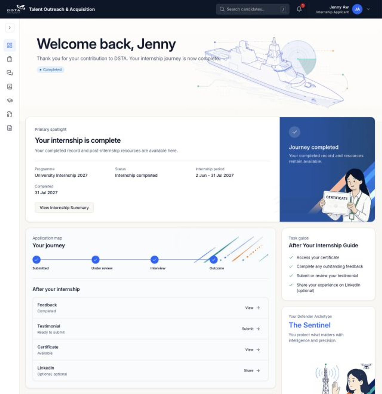 Dashboard showing a completed internship journey