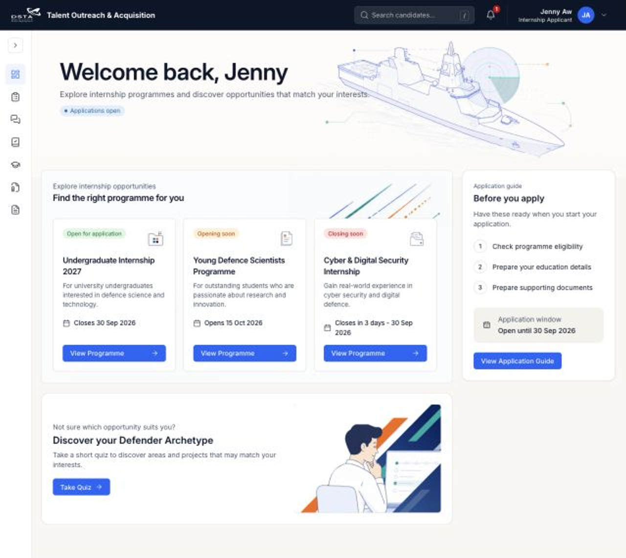 Applicant dashboard showing that no application exists yet