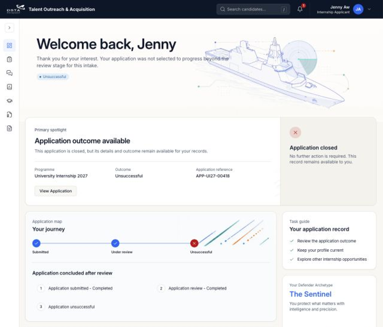 Applicant dashboard showing an Unsuccessful terminal branch