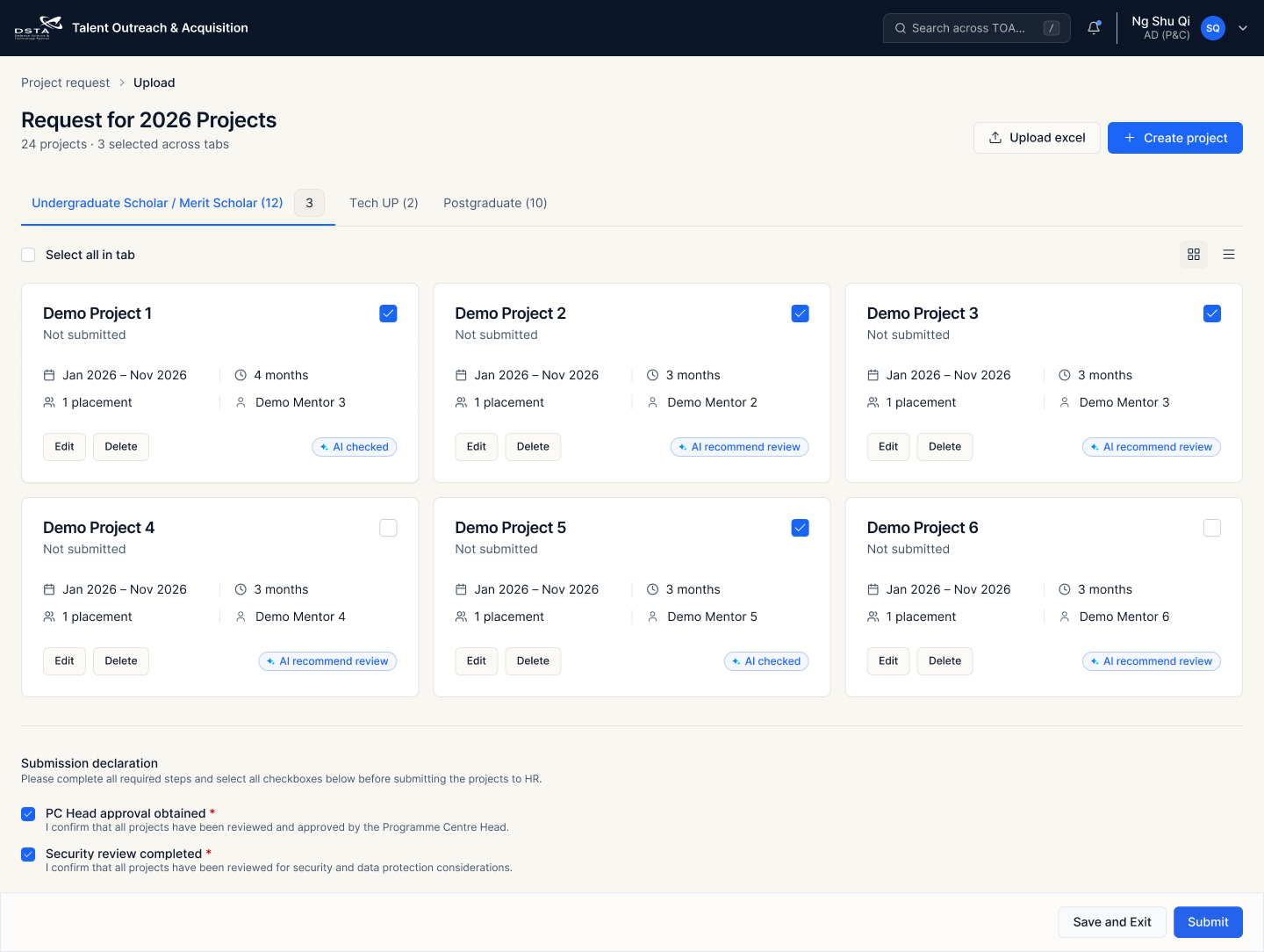 Task submission page with project cards, tabs, declaration, and sticky action footer