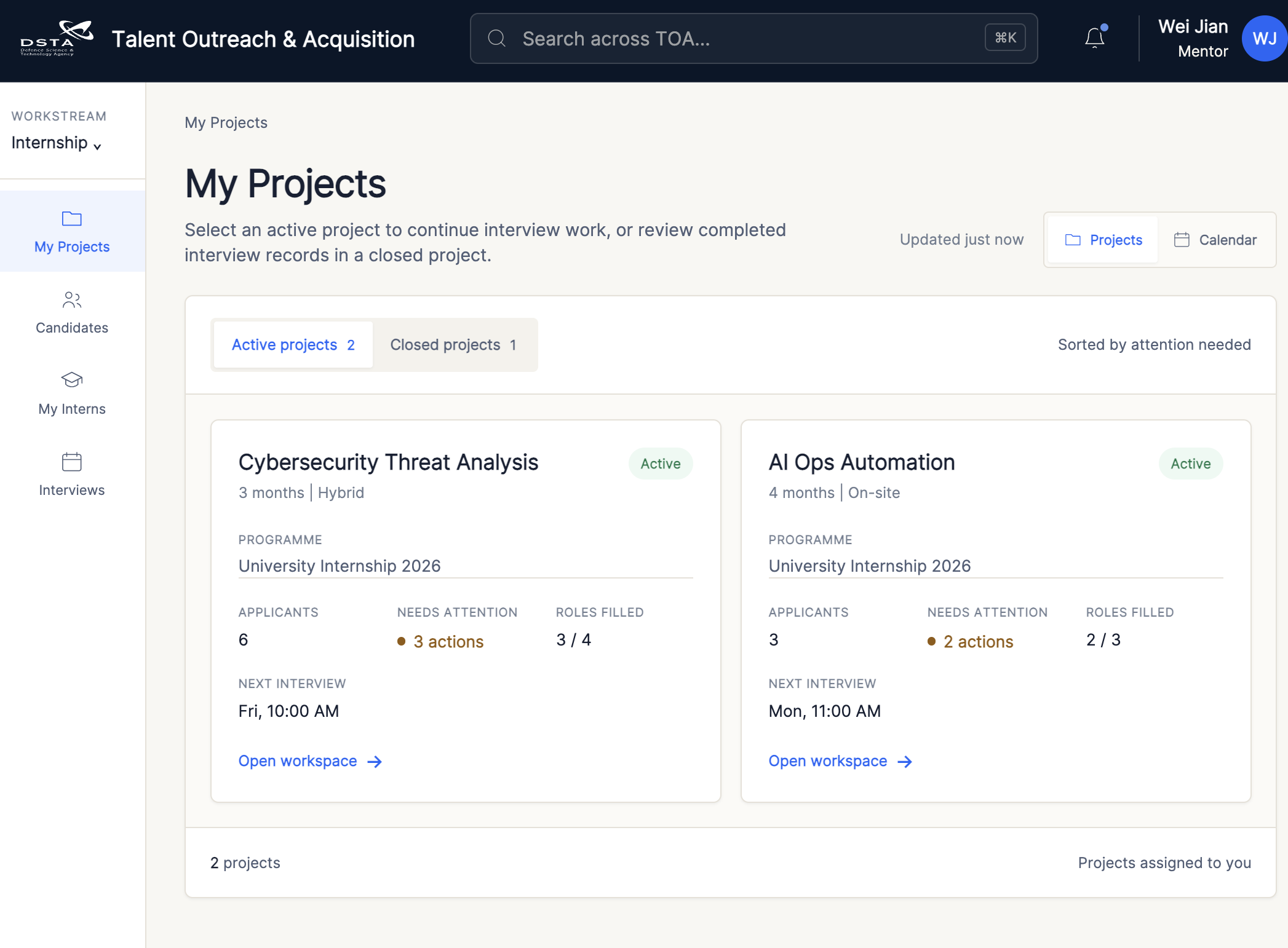 Updated Mentor My Projects interface with active and closed project cards and calendar view