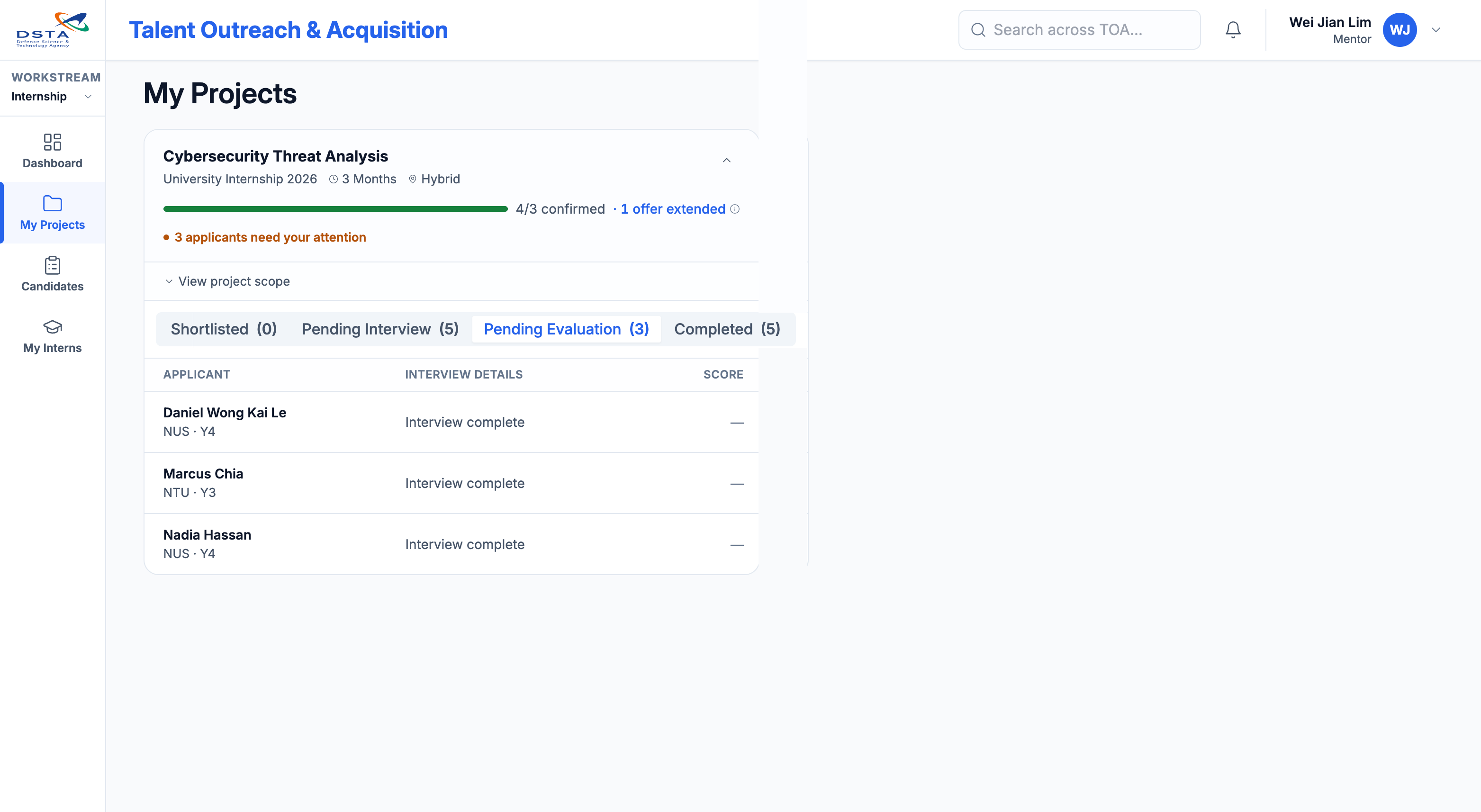 Current Mentor My Projects interface with one expanded project and applicant status tabs