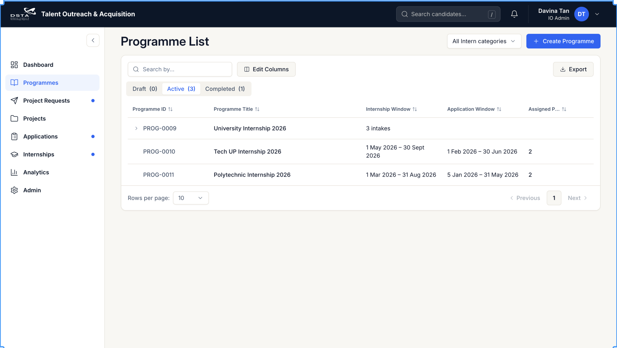 Current IO Admin Programme List with Dashboard, Programmes, Project Requests, Projects, Applications, Internships, Analytics and Admin as separate primary navigation items