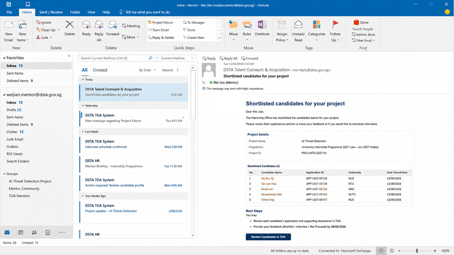Outlook email notifying a Mentor that candidates have been shortlisted for their project