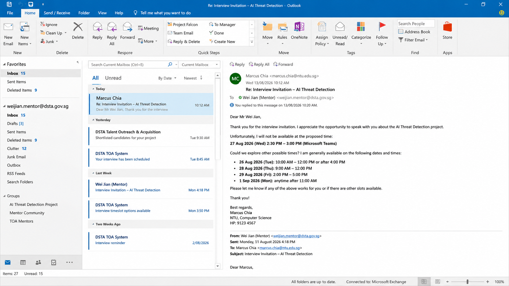 Outlook email from Marcus Chia asking the Mentor to arrange a different interview time
