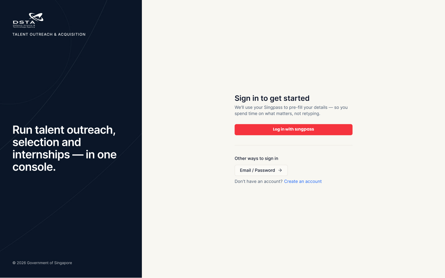 TOA sign-in page with Singpass and email or password options