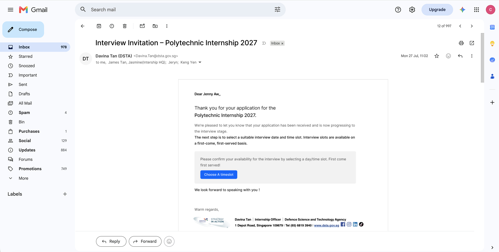 Gmail interview invitation asking the candidate to choose an interview timeslot