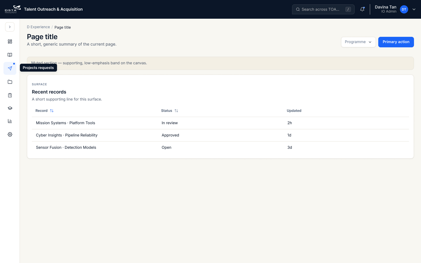 TOA application shell with the global navigation menu collapsed